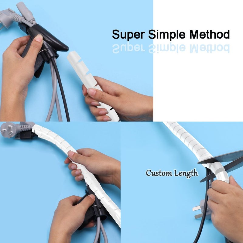 VIWIEU White Cable Wire Cover Cord Management Sleeve Electrical Wire Organizer Holder, VIWIEU Reusable & Expandable Desktop Spiral Tube Wire Hider with Cable Clips for TV Computer Home Entertainment - Image 3